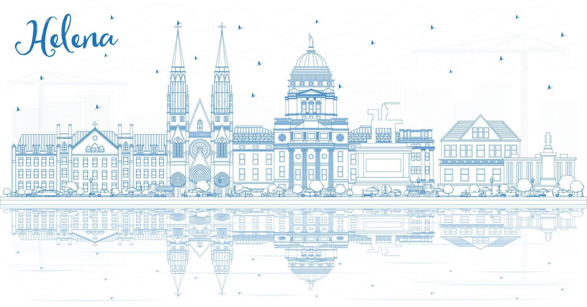 Outline Helena Montana City Skyline with Blue Buildings and Reflections. vector
