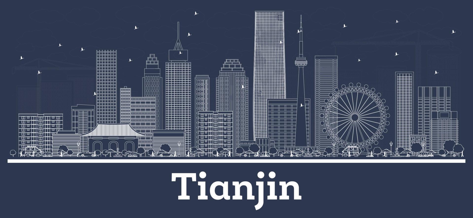Outline Tianjin China City Skyline with White Buildings. vector