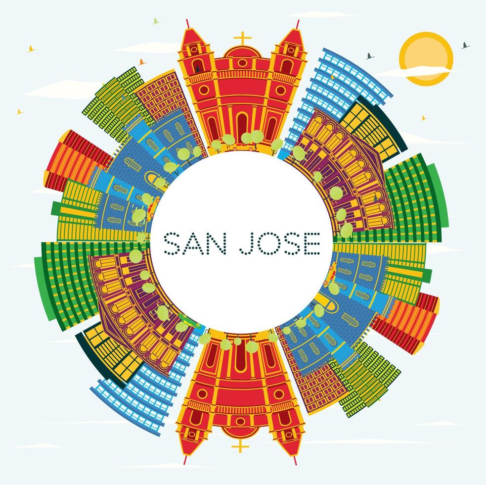 San Jose Costa Rica City Skyline with Color Buildings, Blue Sky and Copy Space. vector