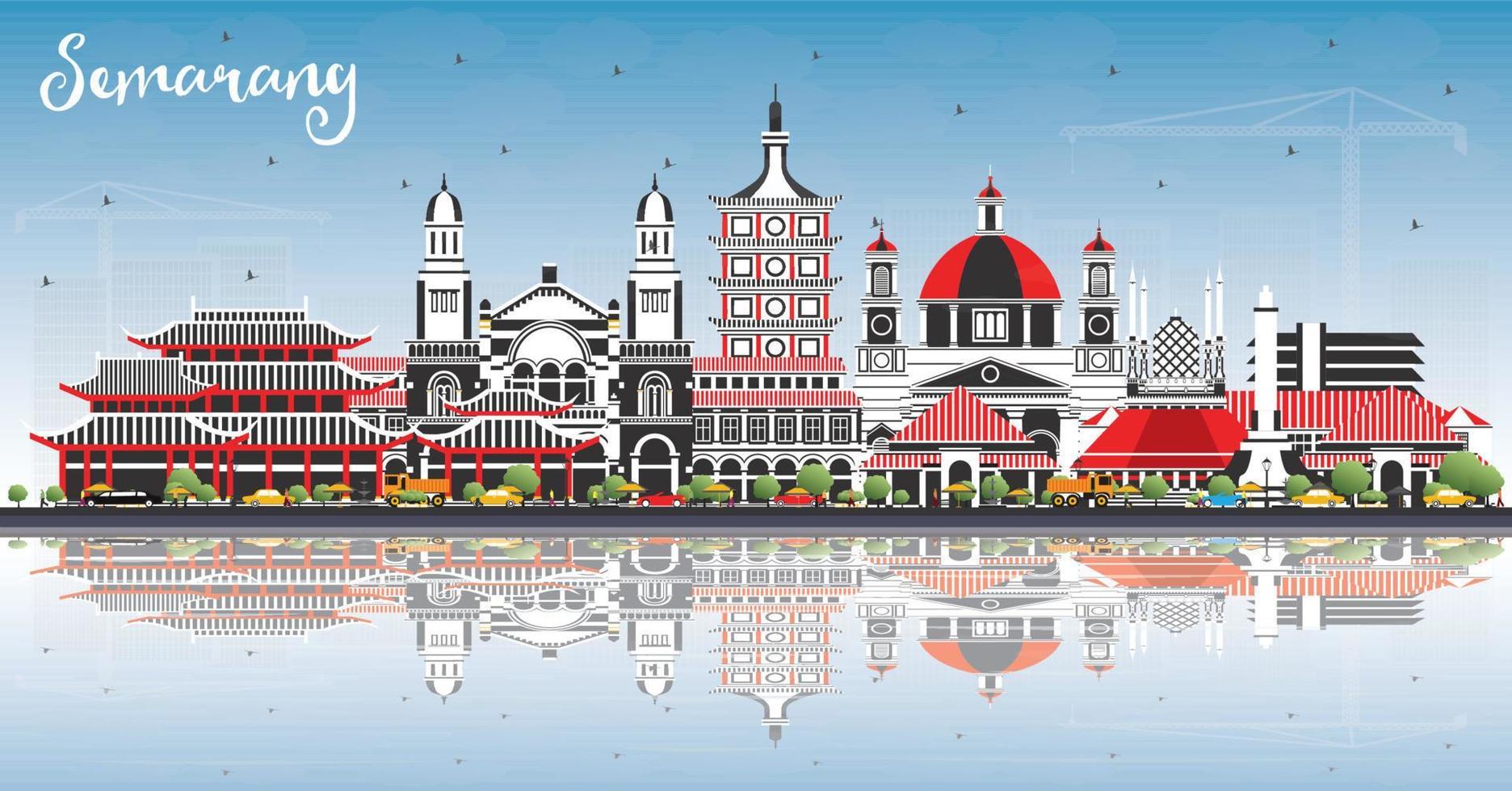 horizonte de la ciudad de semarang indonesia con edificios de color, cielo azul y reflejos. vector