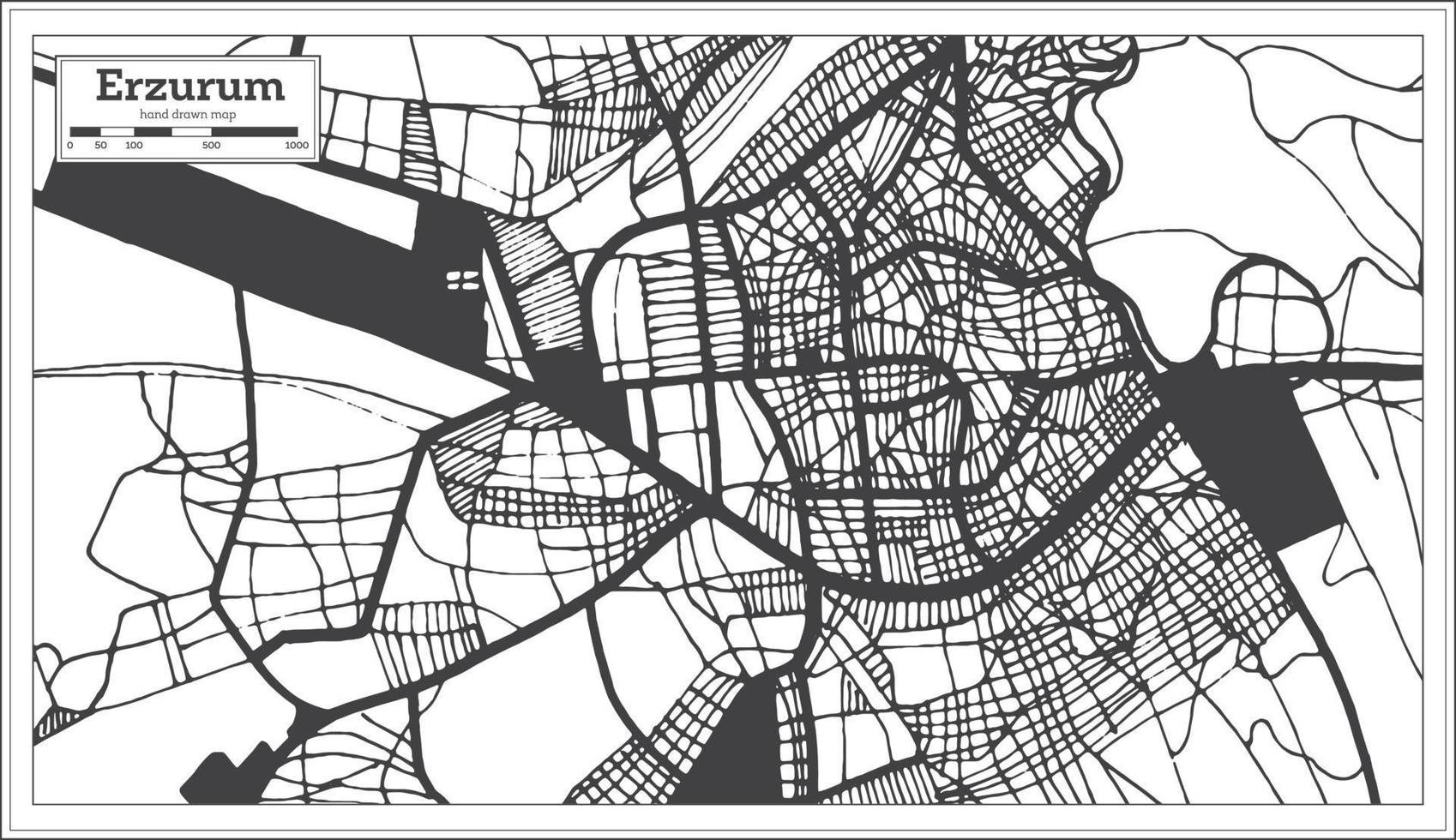 mapa de la ciudad de erzurum turquía en color blanco y negro en estilo retro. esquema del mapa. vector