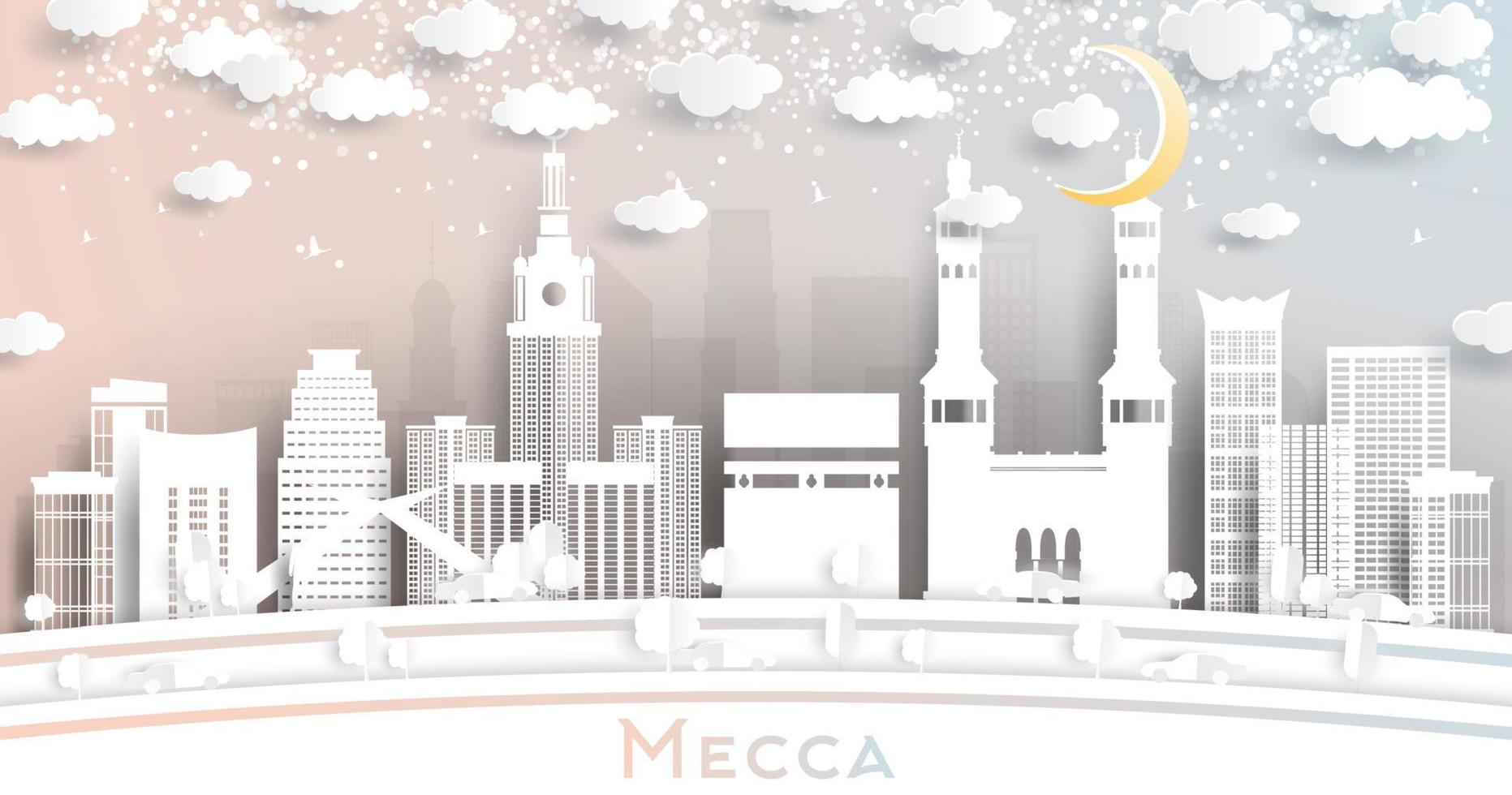 Mecca Saudi Arabia City Skyline in Paper Cut Style with Snowflakes, and Moon. vector