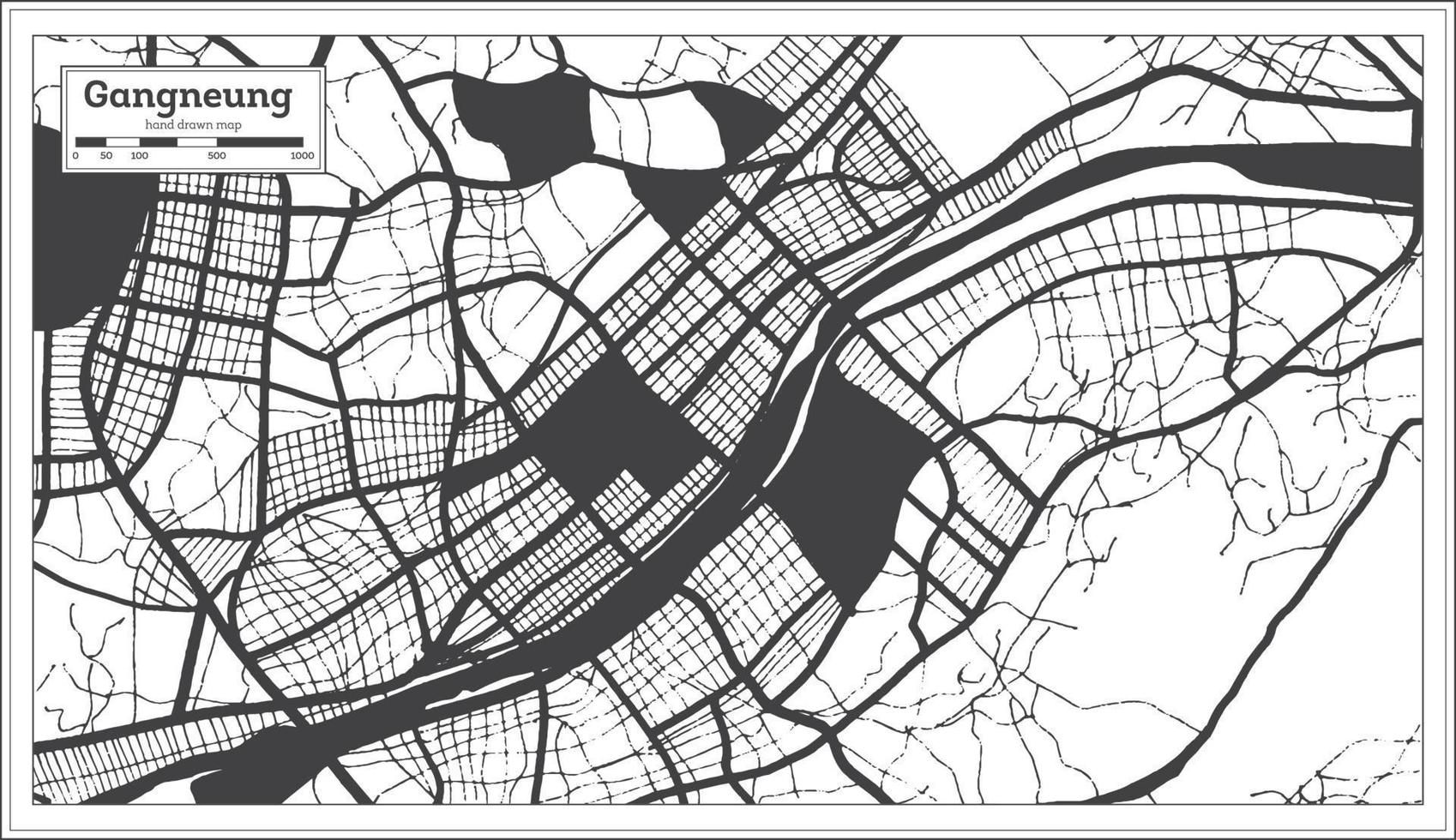 mapa de la ciudad de gangneung corea del sur en color blanco y negro en estilo retro. vector