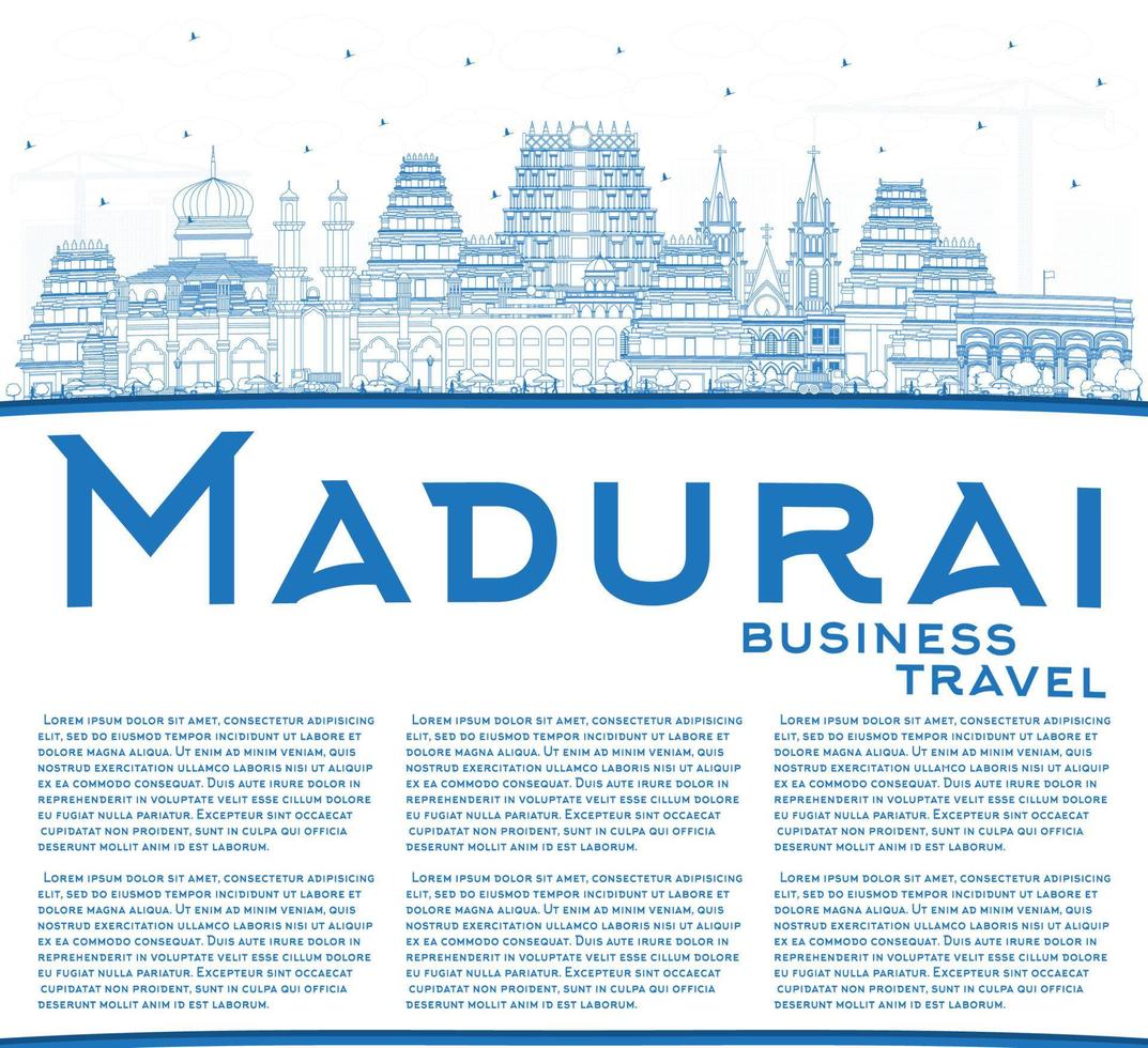 Outline Madurai India City Skyline with Blue Buildings and Copy Space. vector