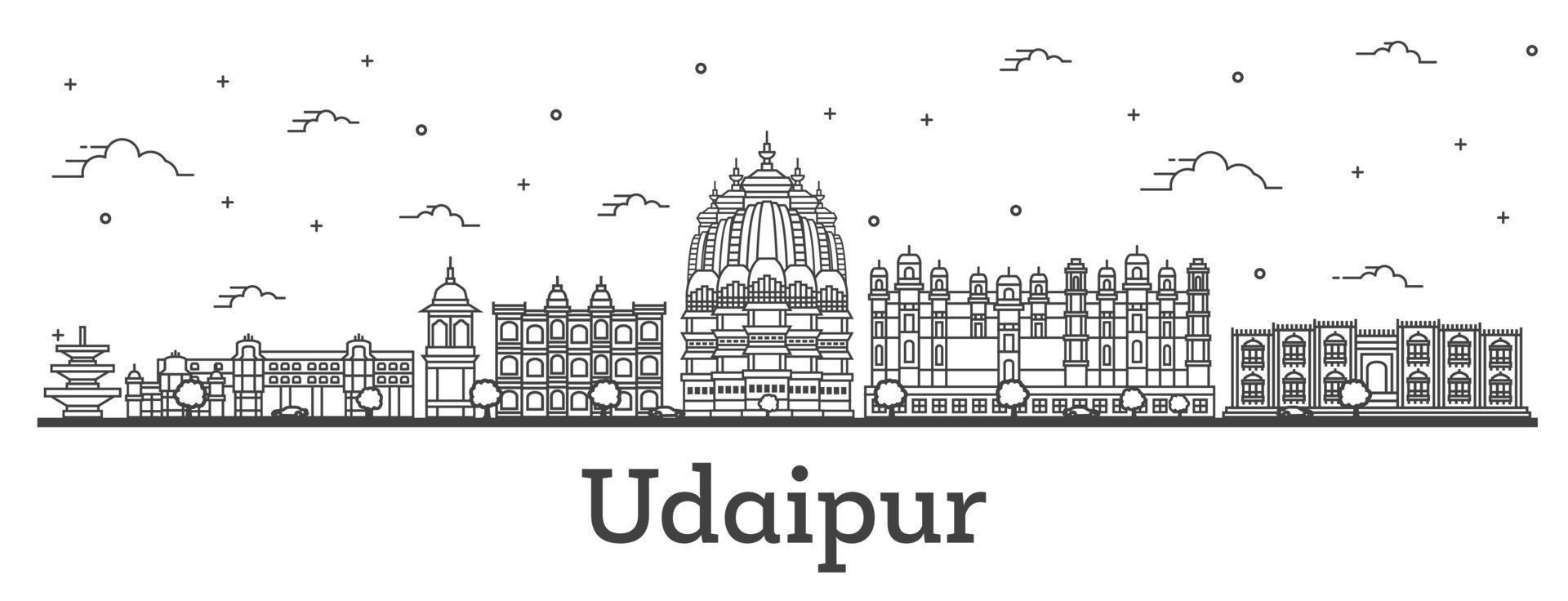 delinear el horizonte de la ciudad de udaipur india con edificios históricos aislados en blanco. vector