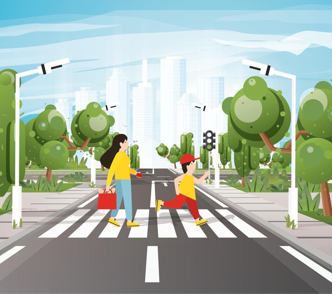 Mom with Son Crossing Road On Crosswalk, Road Markings, Sidewalk for Pedestrians, Trees and Traffic Lights. vector