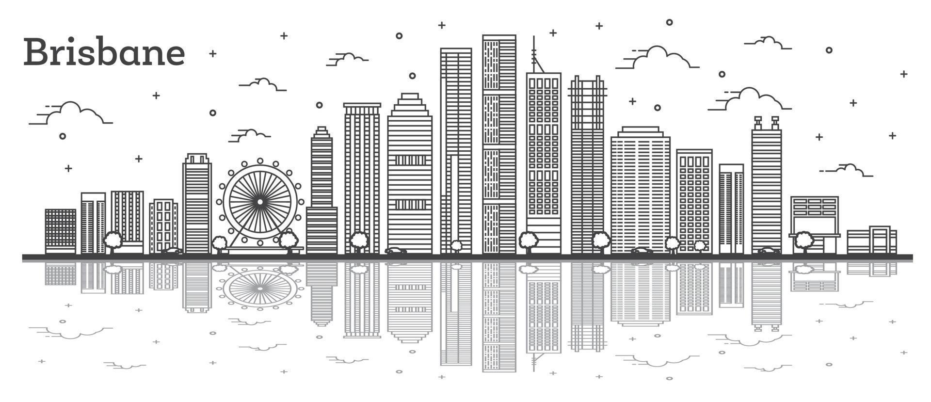 Outline Brisbane Australia City Skyline with Modern Buildings and Reflections Isolated on White. vector