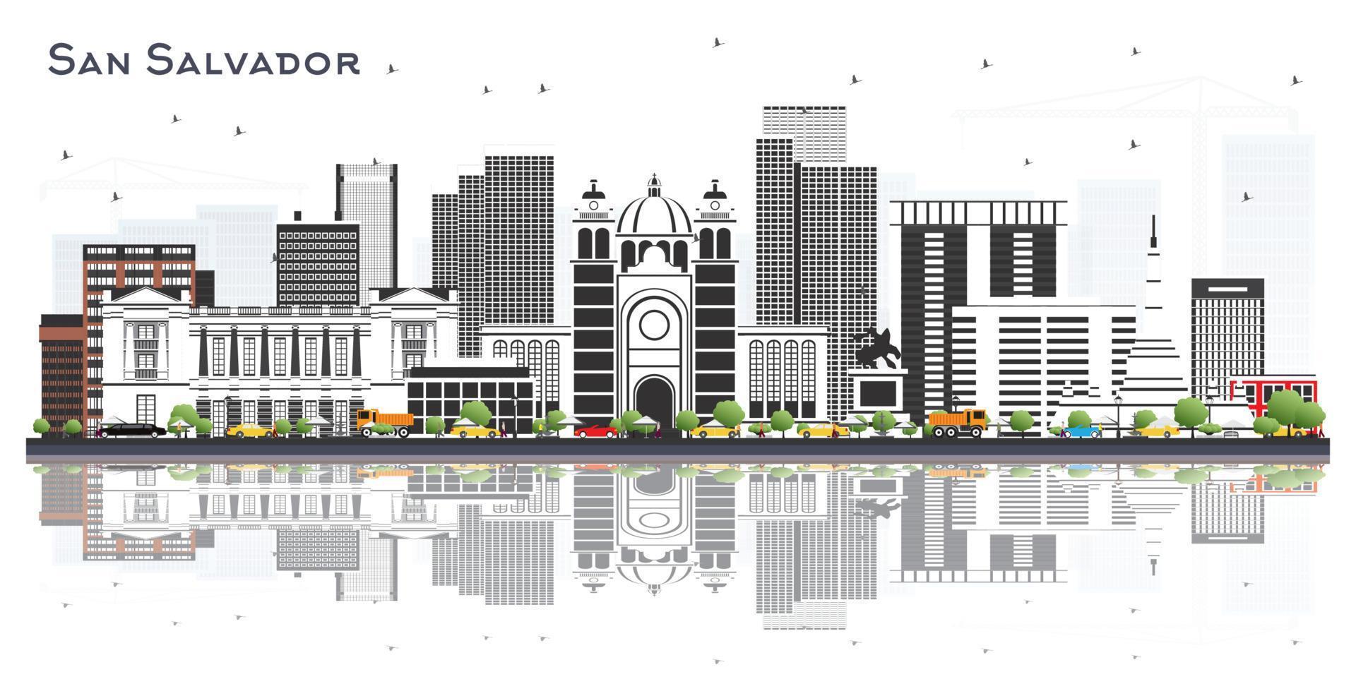 horizonte de la ciudad de san salvador con edificios grises y reflejos aislados en blanco. vector