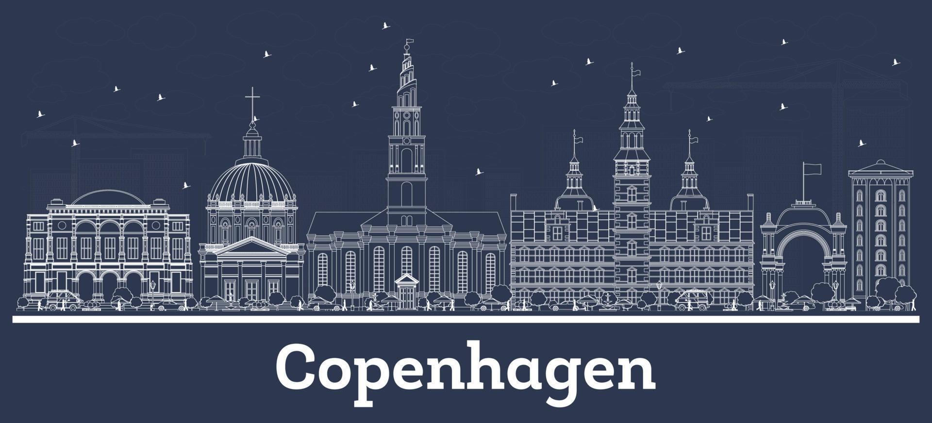 Outline Copenhagen Denmark City Skyline with White Buildings. vector