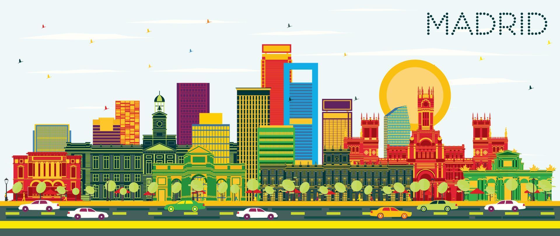 Madrid Spain City Skyline with Color Buildings and Blue Sky. vector