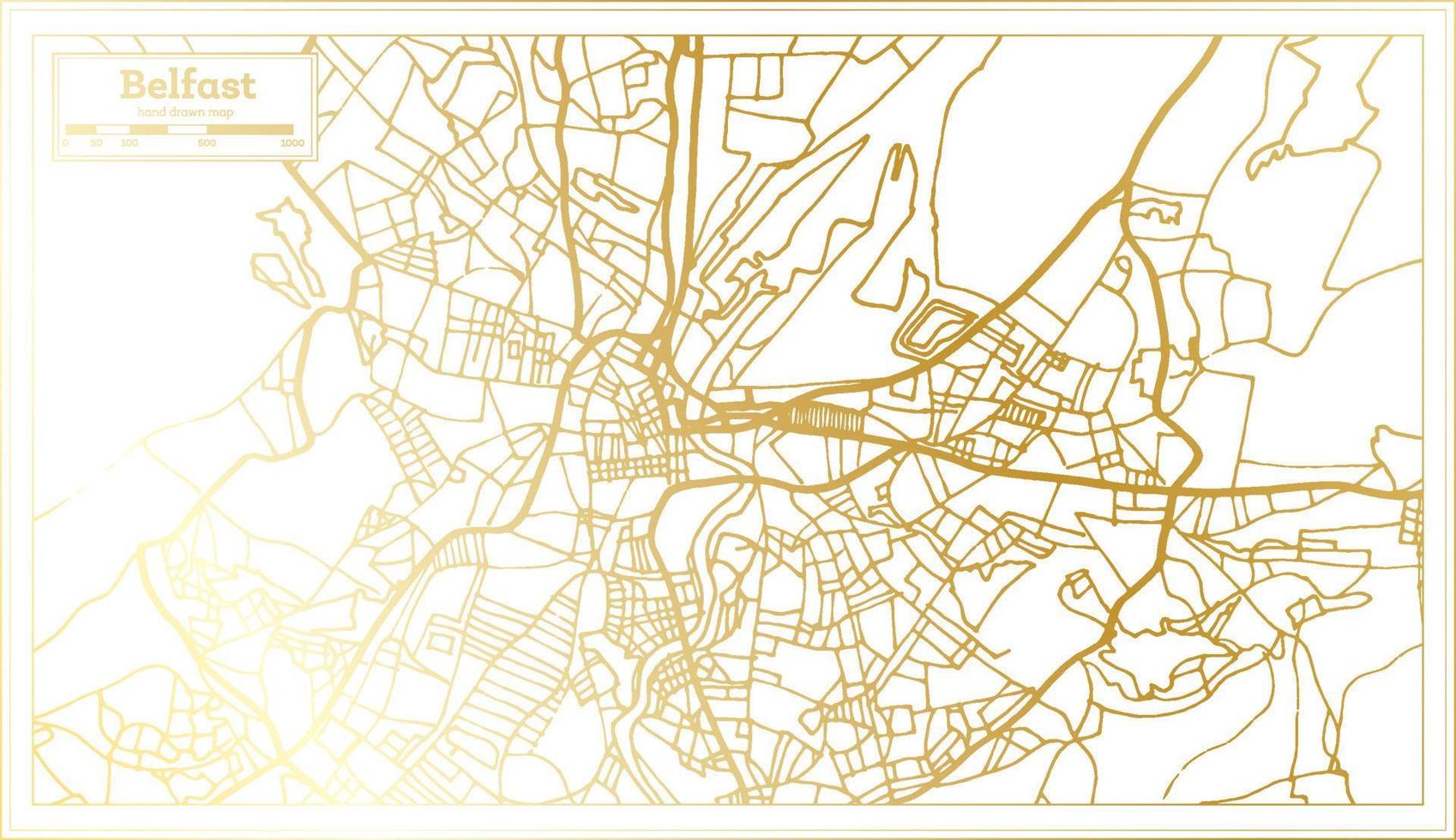 mapa de la ciudad de belfast irlanda en estilo retro en color dorado. esquema del mapa. vector