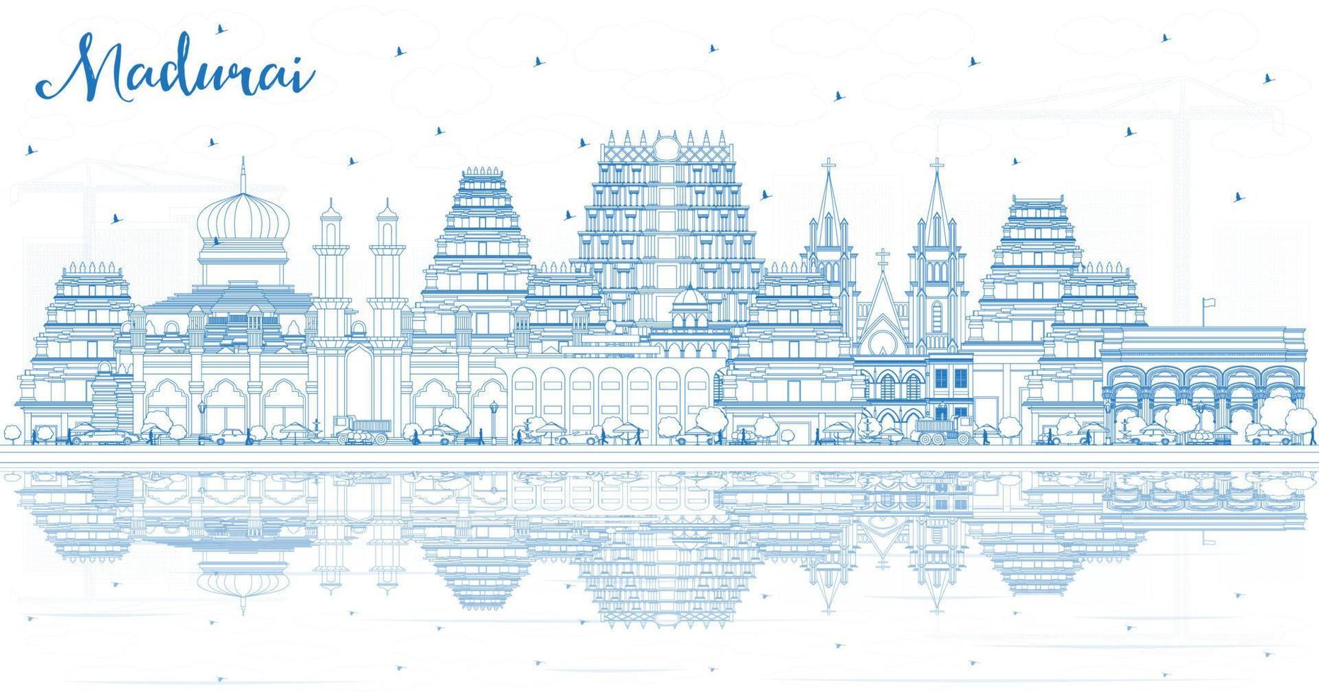 Outline Madurai India City Skyline with Blue Buildings and Reflections. vector