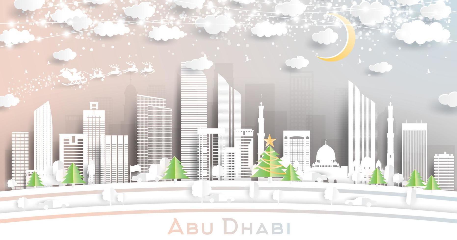 el horizonte de la ciudad de los emiratos árabes unidos de abu dhabi en estilo de corte de papel con copos de nieve, luna y guirnaldas de neón. vector
