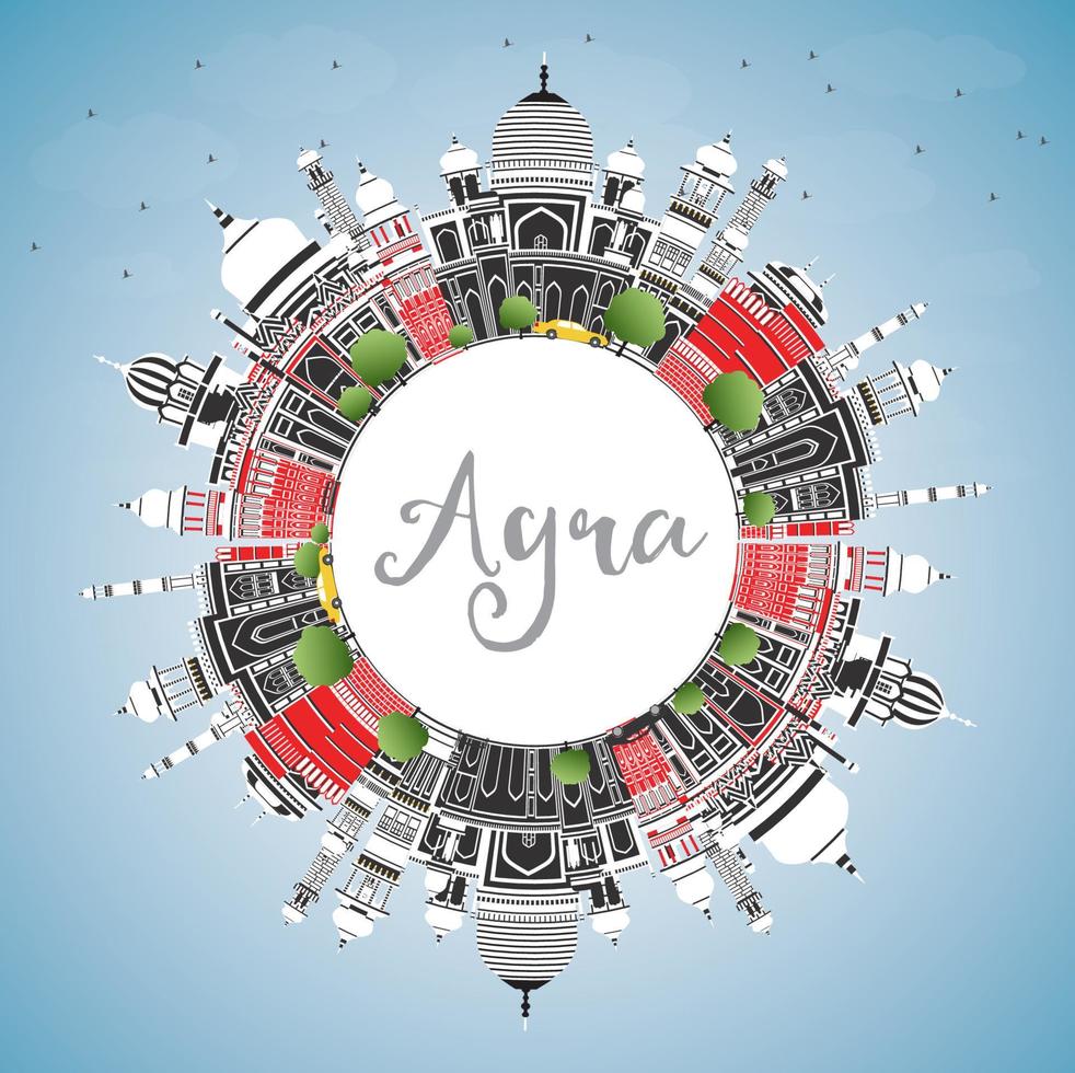Agra India City Skyline with Color Buildings, Blue Sky and Copy Space. vector