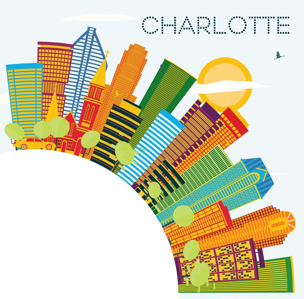 Charlotte North Carolina City Skyline with Color Buildings, Blue Sky and Copy Space. vector