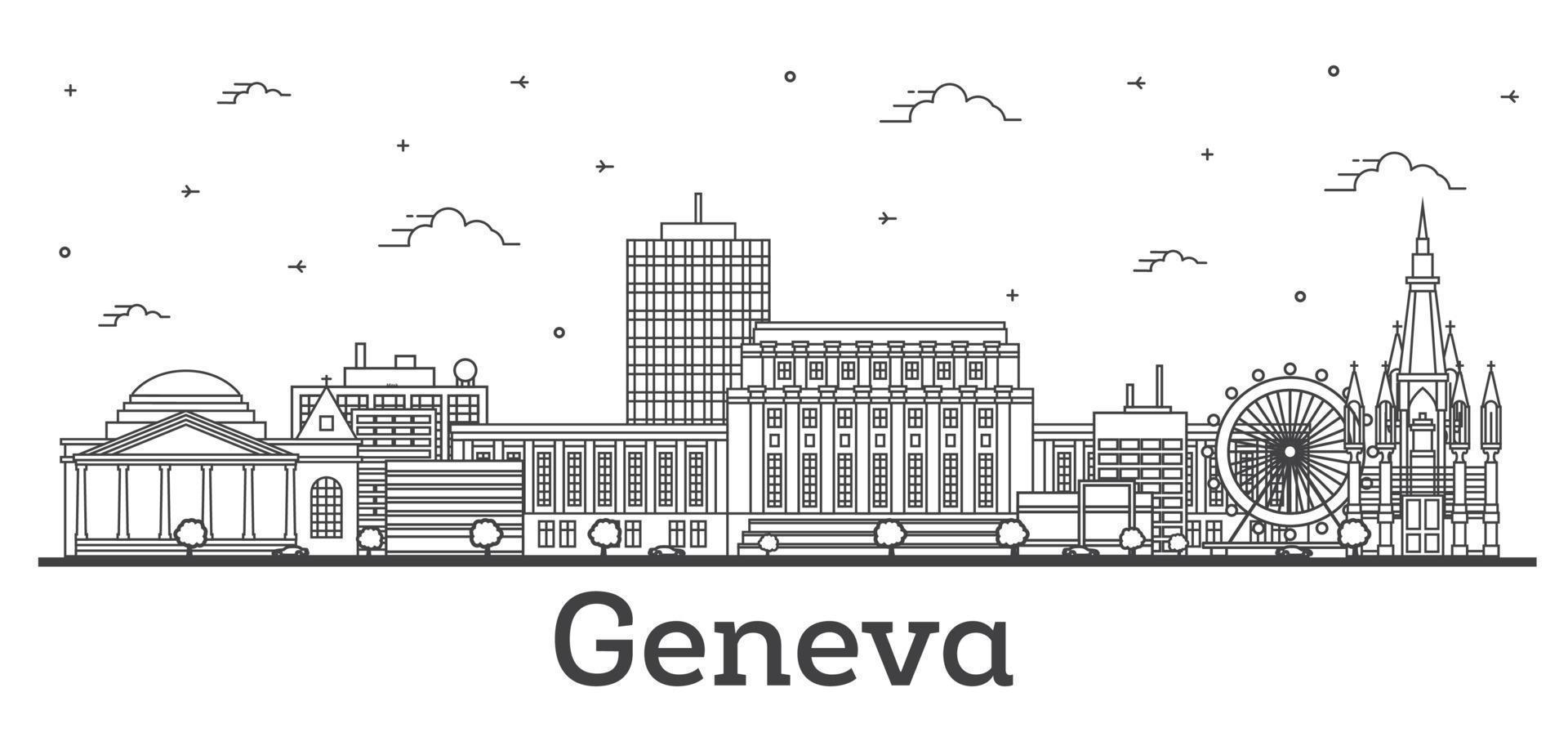 Outline Geneva Switzerland City Skyline with Modern Buildings Isolated on White. vector