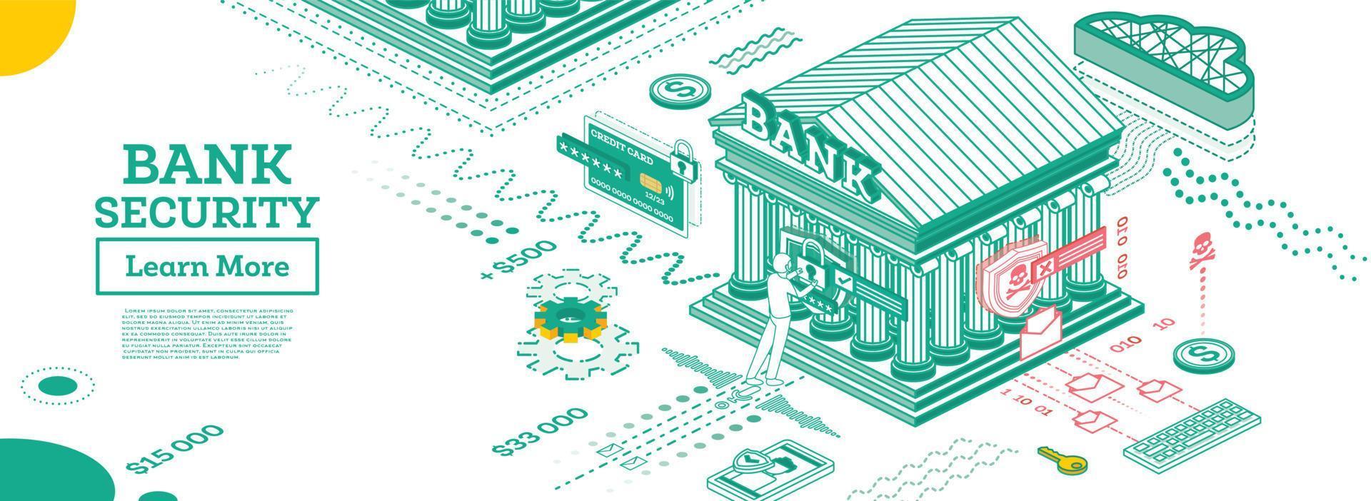 Bank Security. Safe Payment. Outline Bank Building in Isometric Style. Hacker Attack. vector