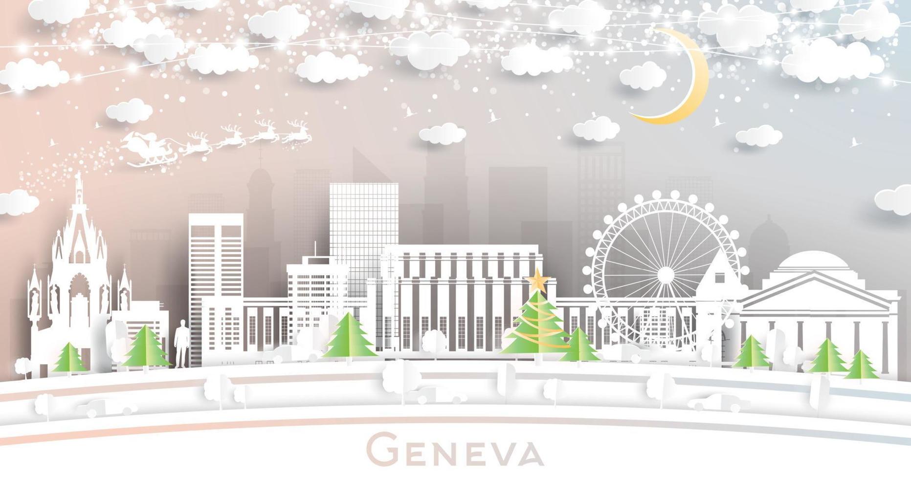 Geneva Switzerland City Skyline in Paper Cut Style with Snowflakes, Moon and Neon Garland. vector