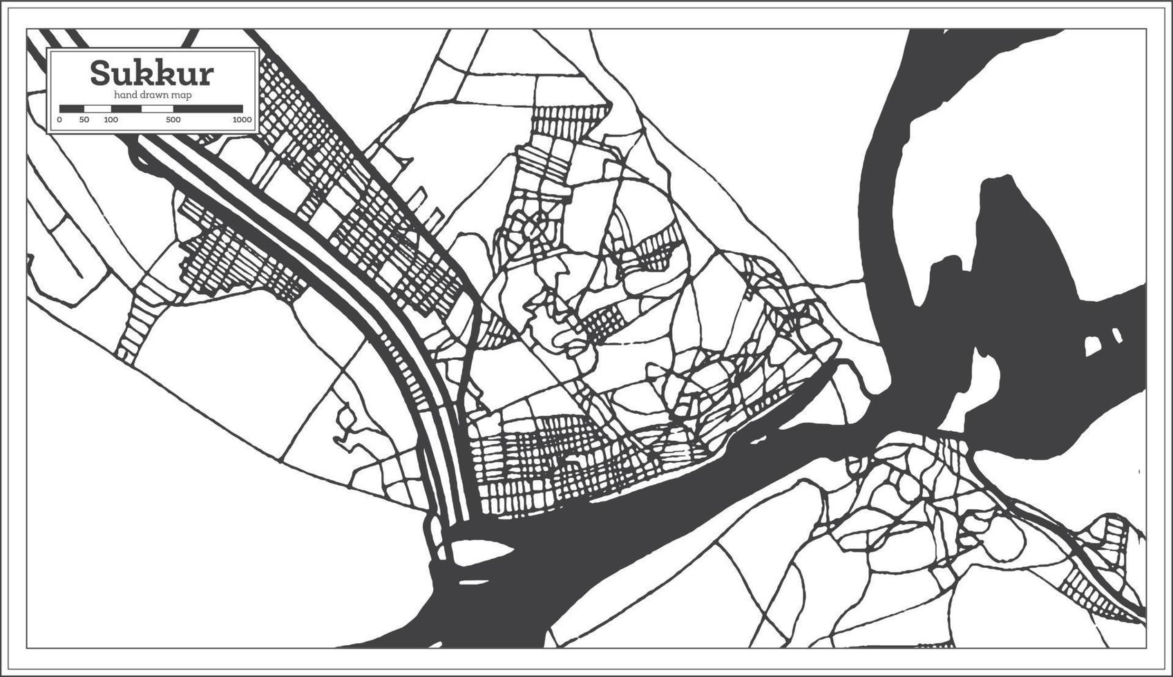 mapa de la ciudad de sukkur pakistán en estilo retro en color blanco y negro. esquema del mapa. vector