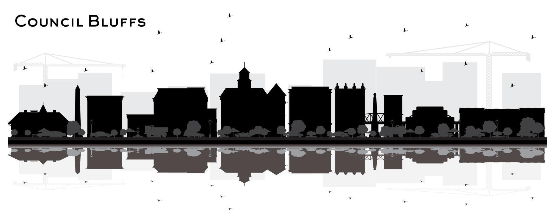 Council Bluffs skyline black and white silhouette with Reflections. vector