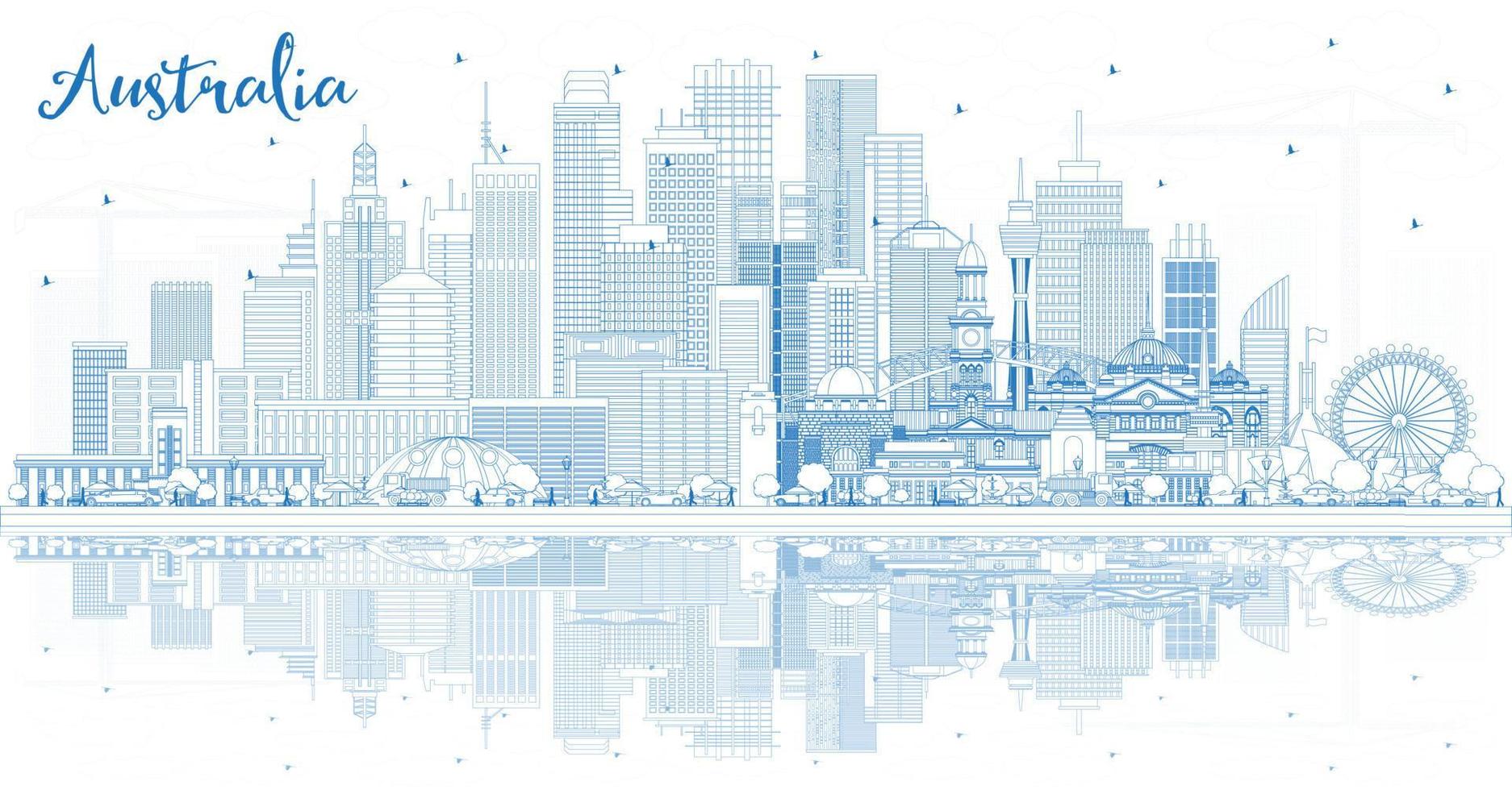 Outline Australia City Skyline with Blue Buildings and Reflections. vector