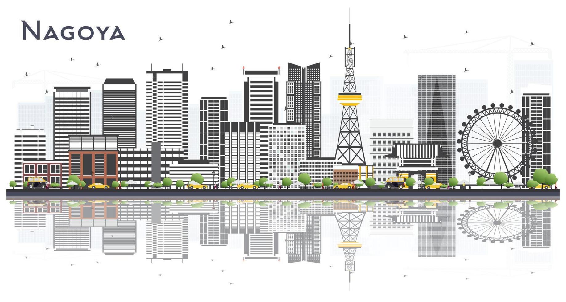 horizonte de la ciudad de nagoya japón con edificios grises y reflejos aislados en blanco. vector