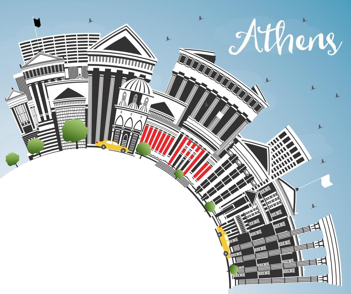 horizonte de la ciudad de atenas grecia con edificios de color, cielo azul y espacio de copia. vector