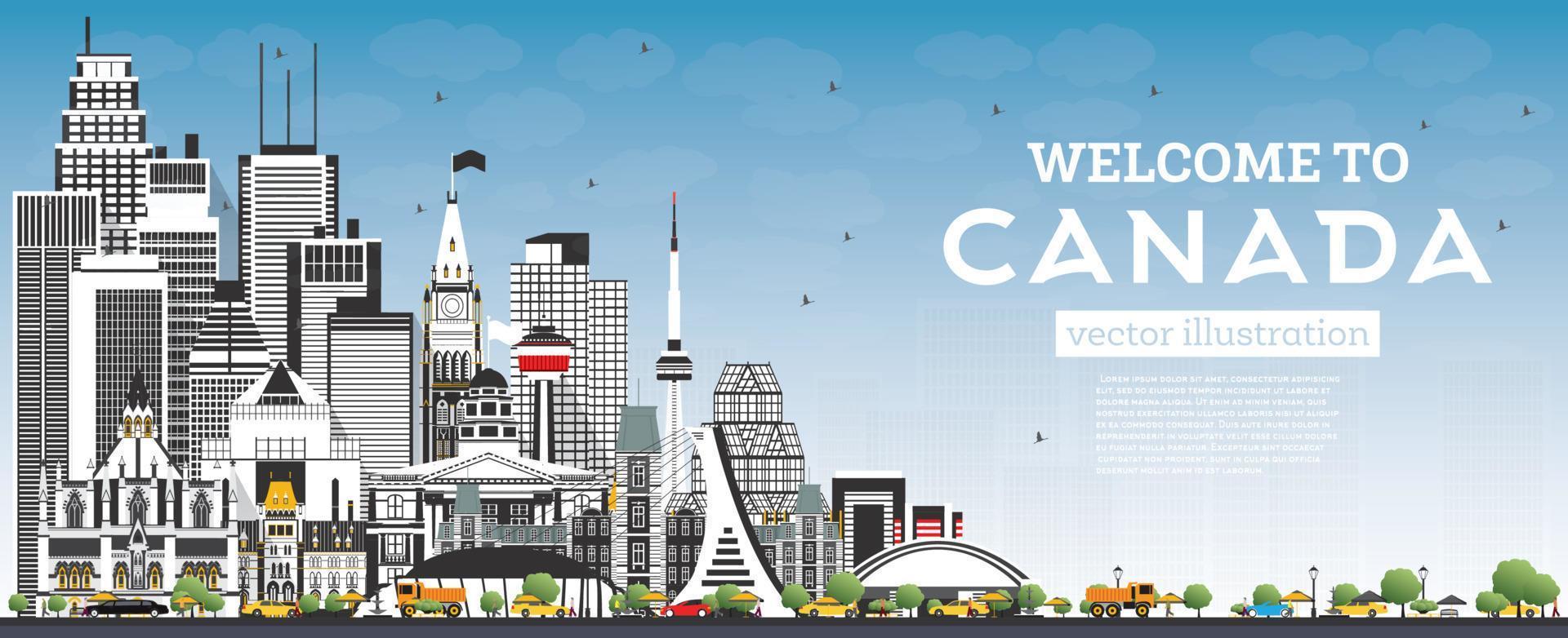 Welcome to Canada City Skyline with Gray Buildings and Blue Sky. vector