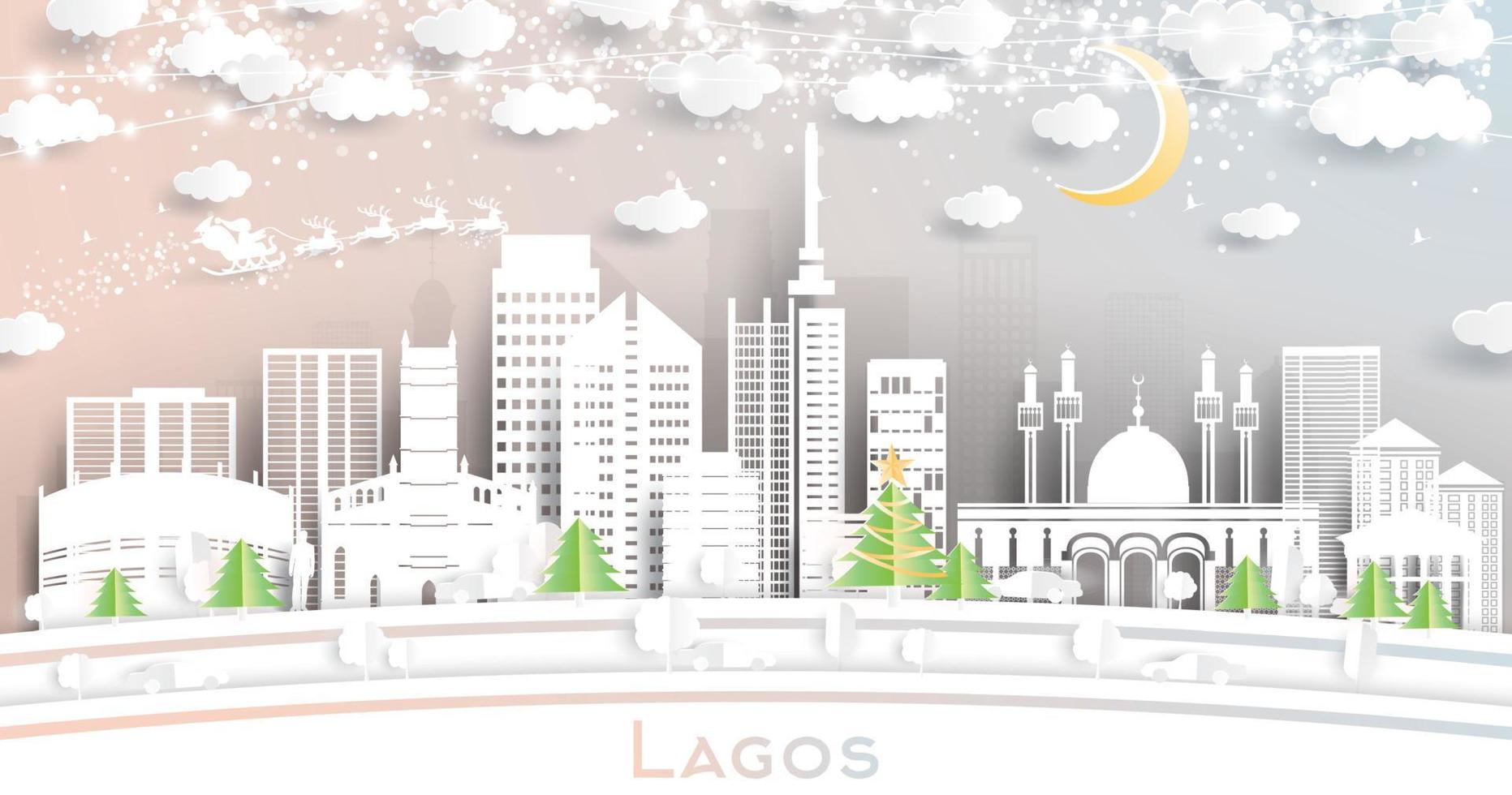 horizonte de la ciudad de lagos nigeria en estilo de corte de papel con copos de nieve, luna y guirnalda de neón. vector