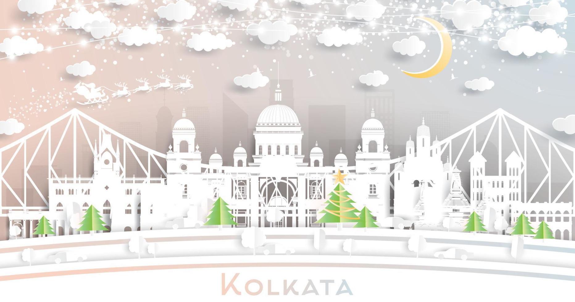 el horizonte de la ciudad de kolkata calcuta india en estilo de corte de papel con copos de nieve, luna y guirnalda de neón. vector