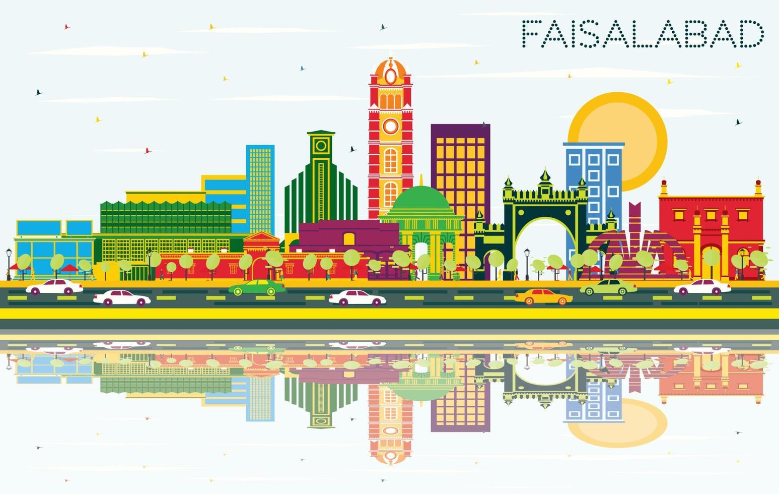 horizonte de la ciudad de faisalabad pakistán con edificios de color, cielo azul y reflejos. vector