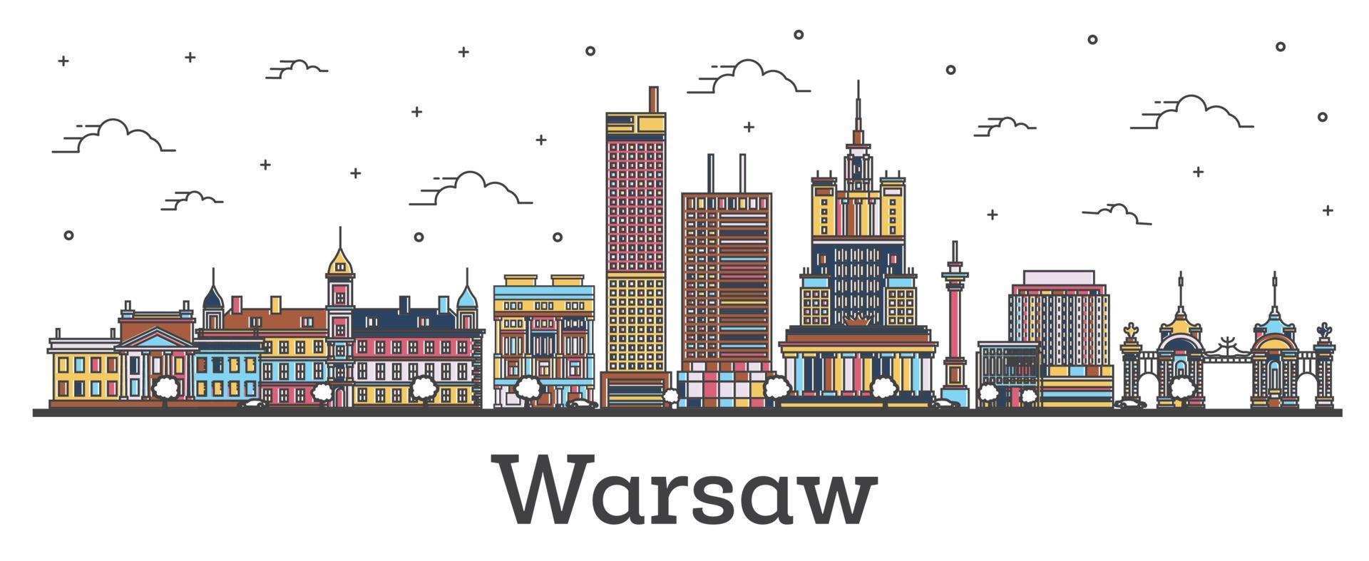 delinear el horizonte de la ciudad de varsovia polonia con edificios de color aislados en blanco. vector
