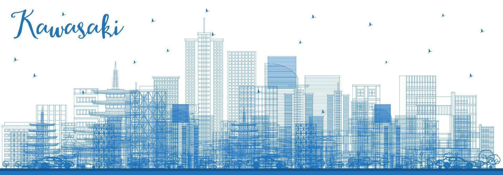 Outline Kawasaki Japan City Skyline with Blue Buildings. vector