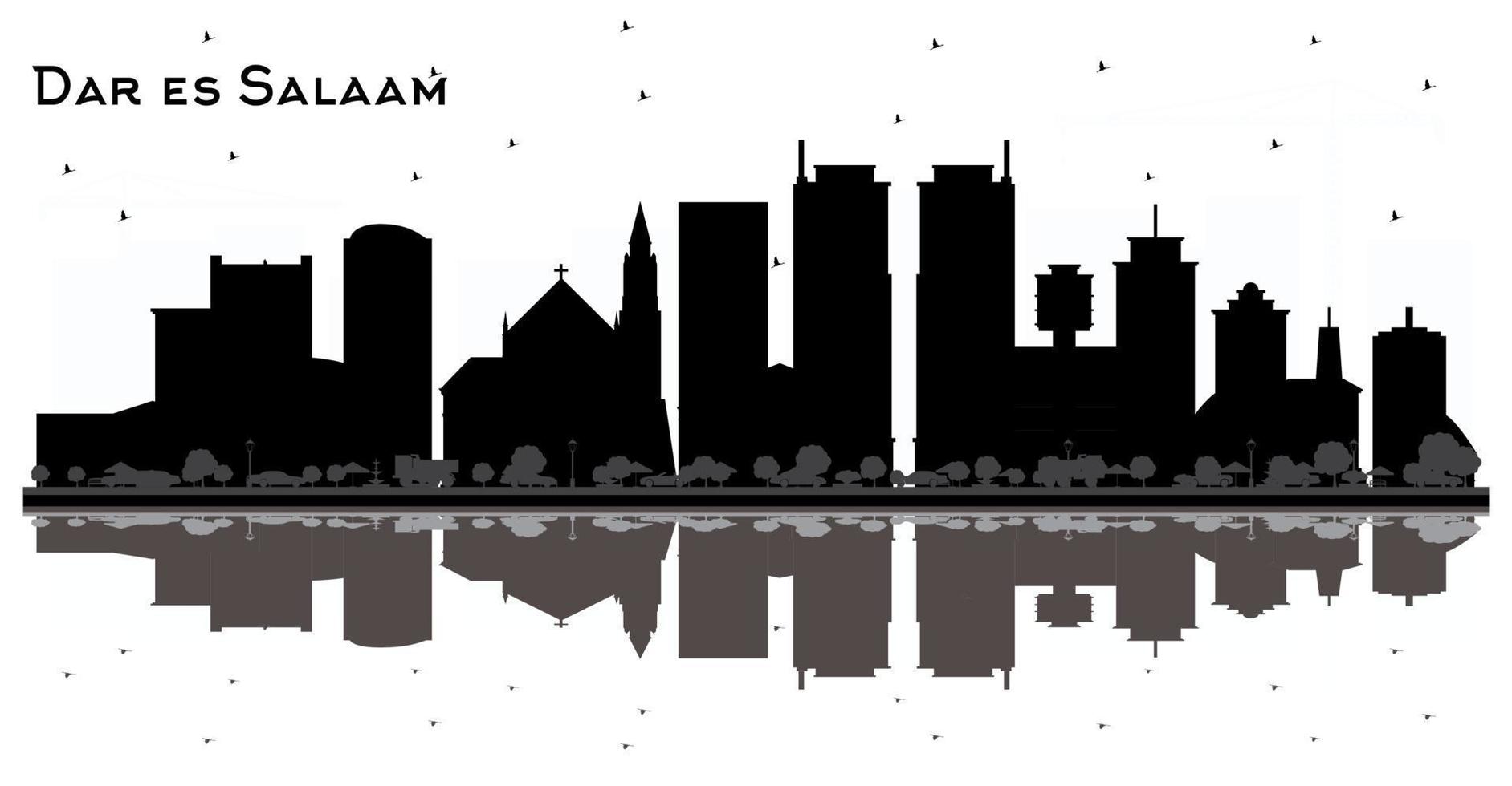 Dar Es Salaam Tanzania Skyline Black and White Silhouette with Reflections. vector