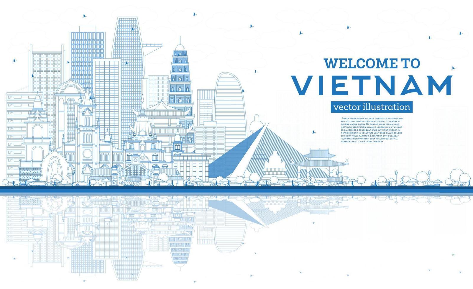 Outline Welcome to Vietnam Skyline with Blue Buildings and Reflections. vector