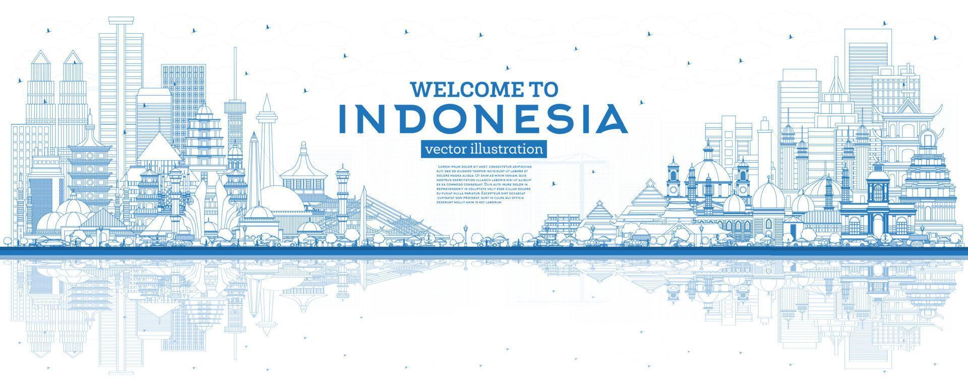 Outline Welcome to Indonesia Skyline with Blue Buildings and Reflections. vector