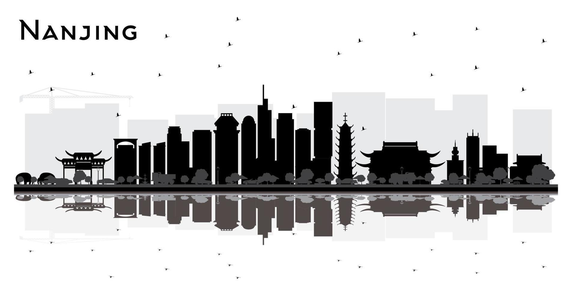 Nanjing China City Skyline Silhouette with Black Buildings and Reflections Isolated on White. vector