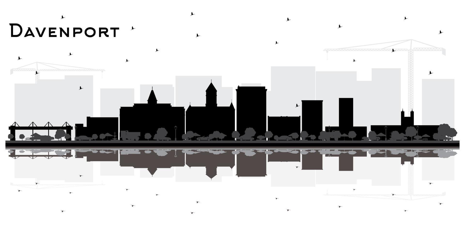 Davenport Iowa City Skyline Silhouette with Black Buildings and Reflections Isolated on White. vector