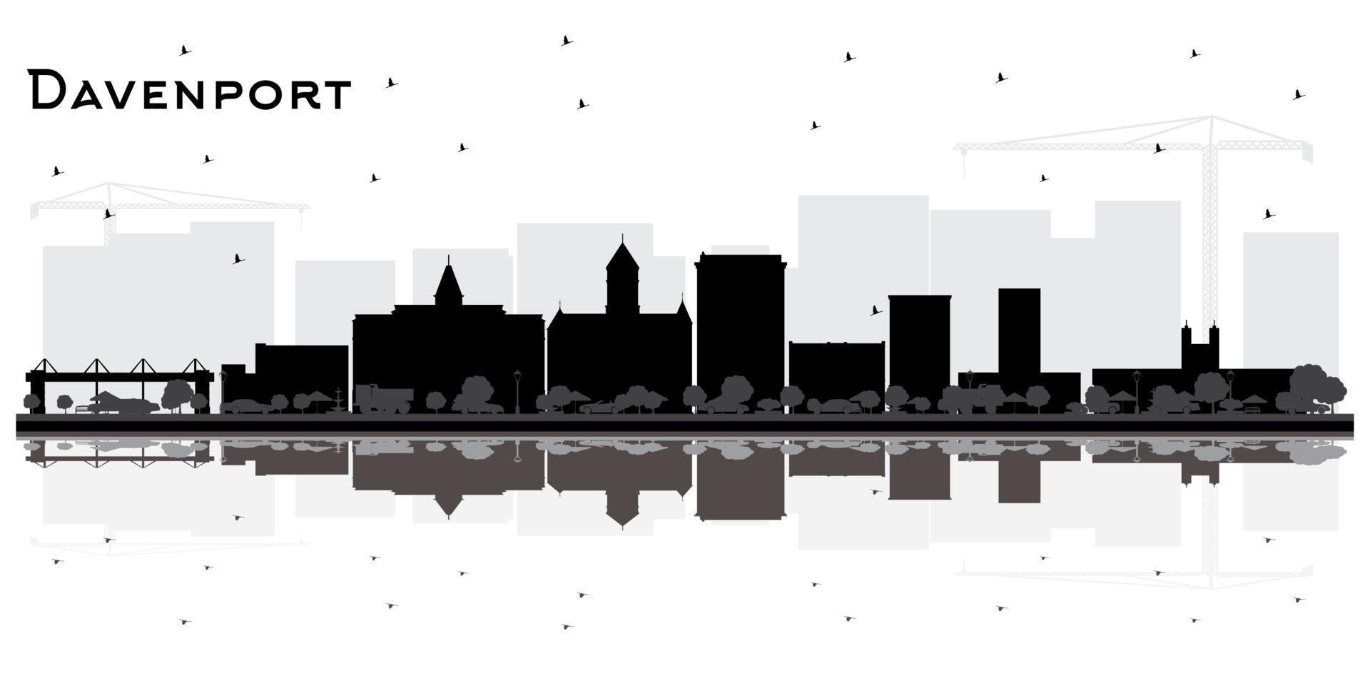 silueta del horizonte de la ciudad de davenport iowa con edificios negros y reflejos aislados en blanco. vector