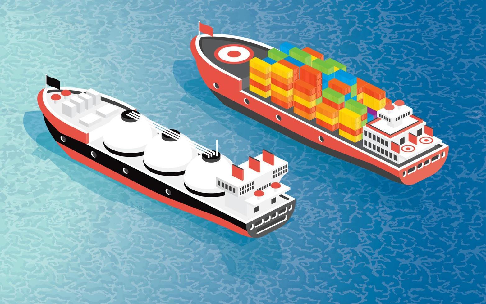 vIsometric Cargo Ship Container and LNG Carrier Ship. vector