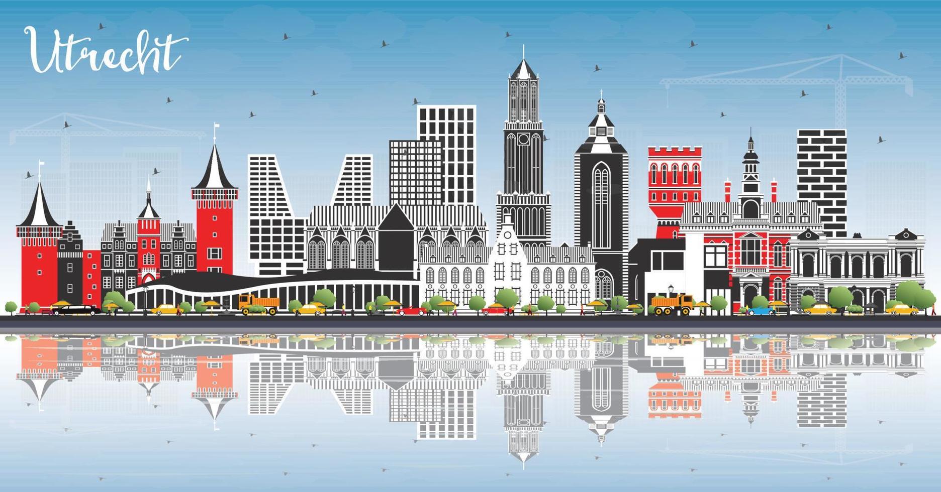 Utrecht Netherlands City Skyline with Color Buildings, Blue Sky and Reflections. vector