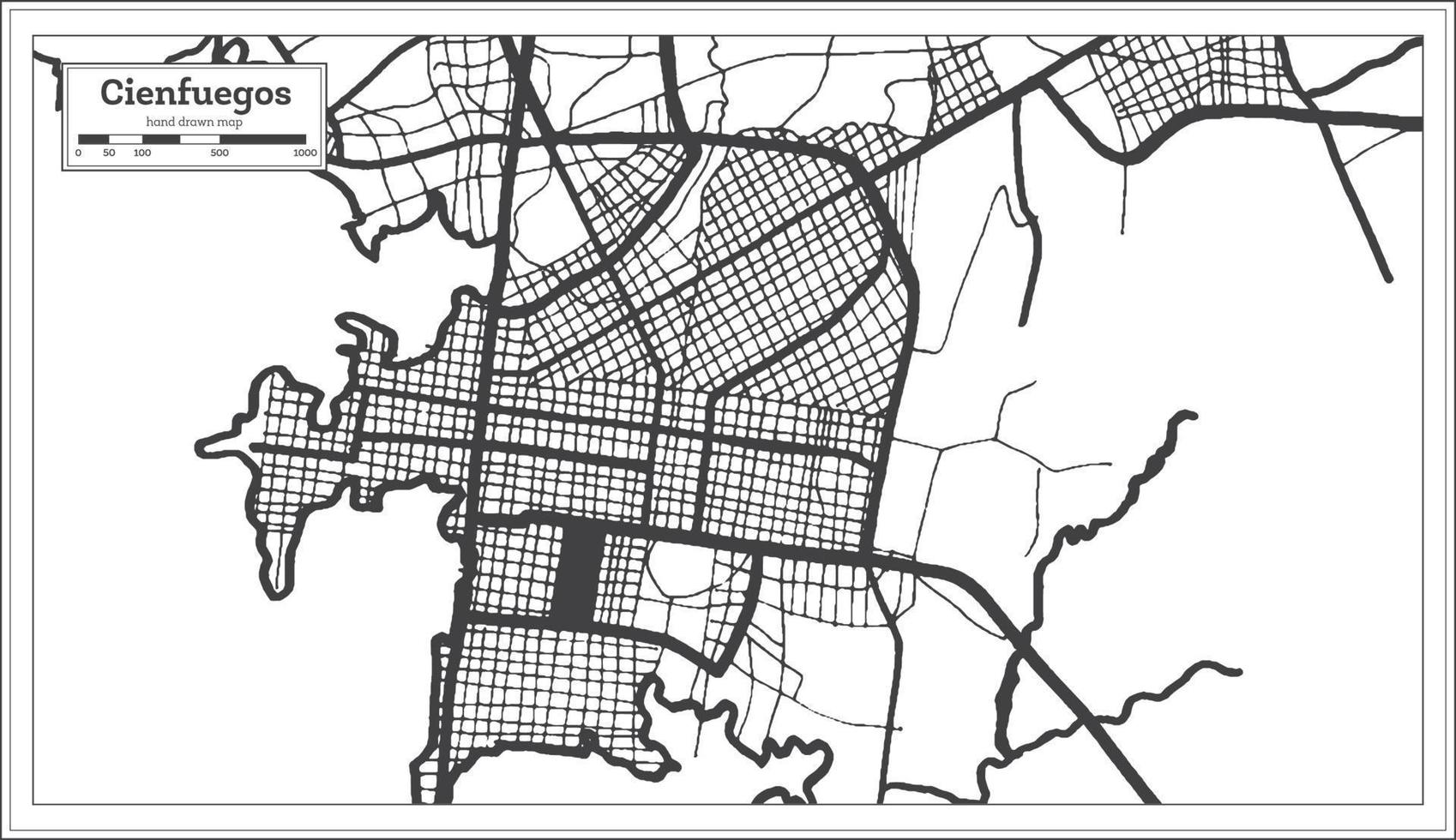 mapa de la ciudad de cienfuegos cuba en color blanco y negro en estilo retro. esquema del mapa. vector