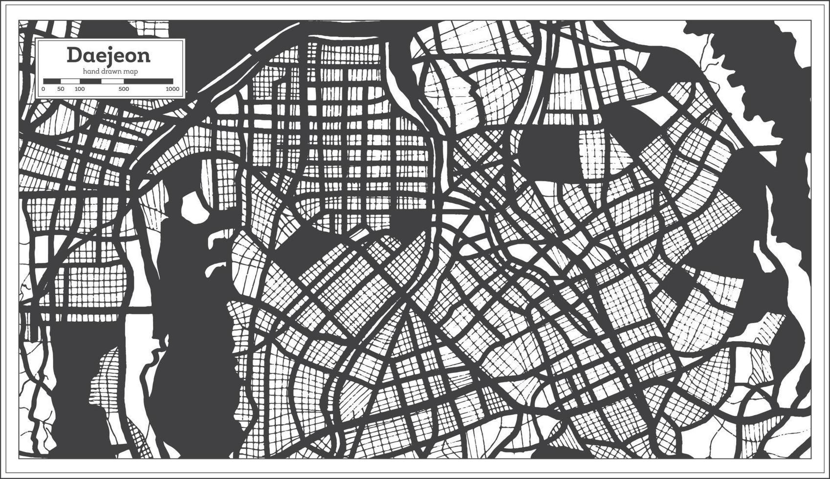 mapa de la ciudad de daejeon corea del sur en color blanco y negro en estilo retro. vector