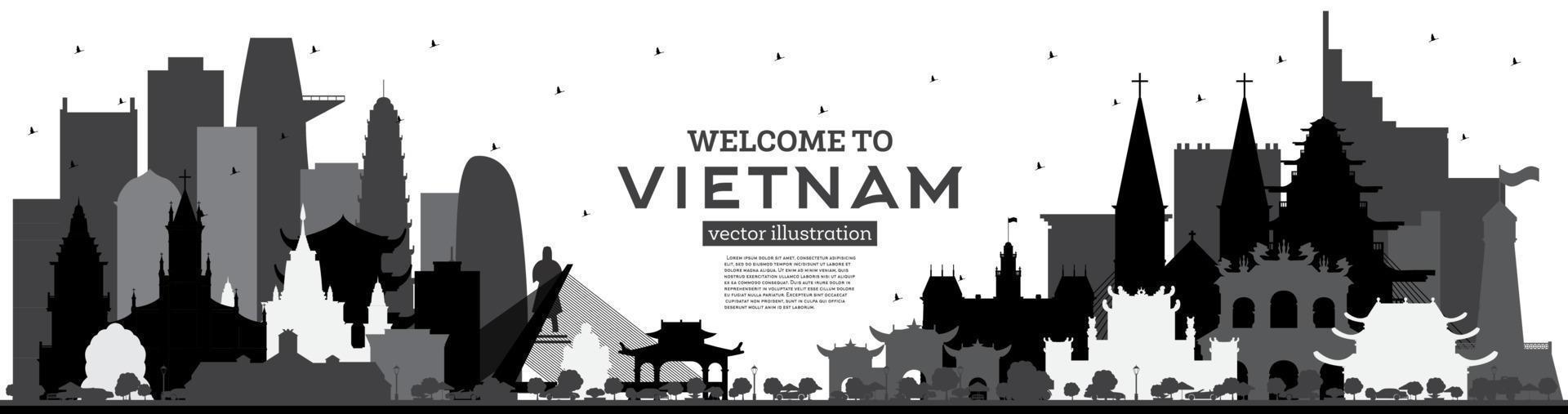Welcome to Vietnam Skyline Silhouette with Black Buildings Isolated on White. vector
