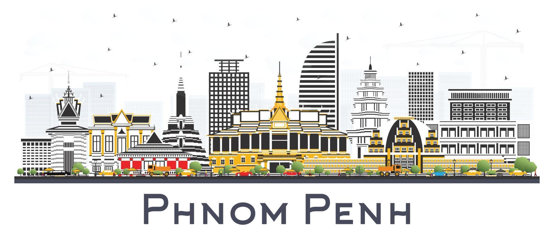 Phnom Penh Cambodia City Skyline with Color Buildings Isolated on White. vector