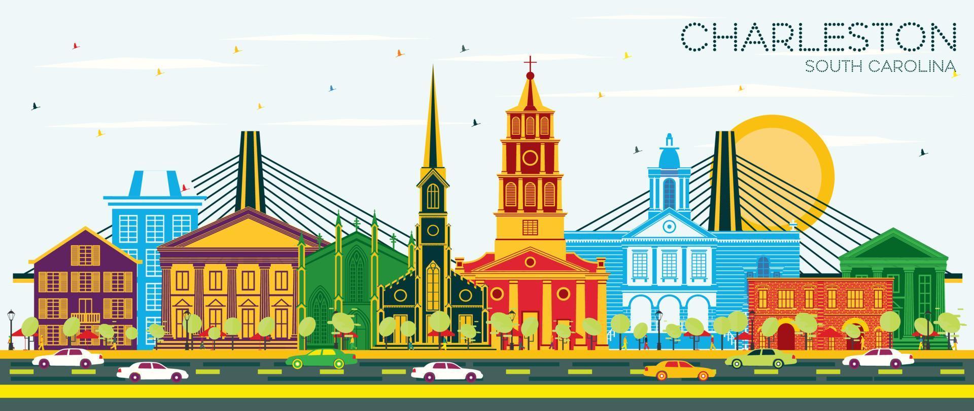 Charleston South Carolina City Skyline with Color Buildings and Blue Sky. vector