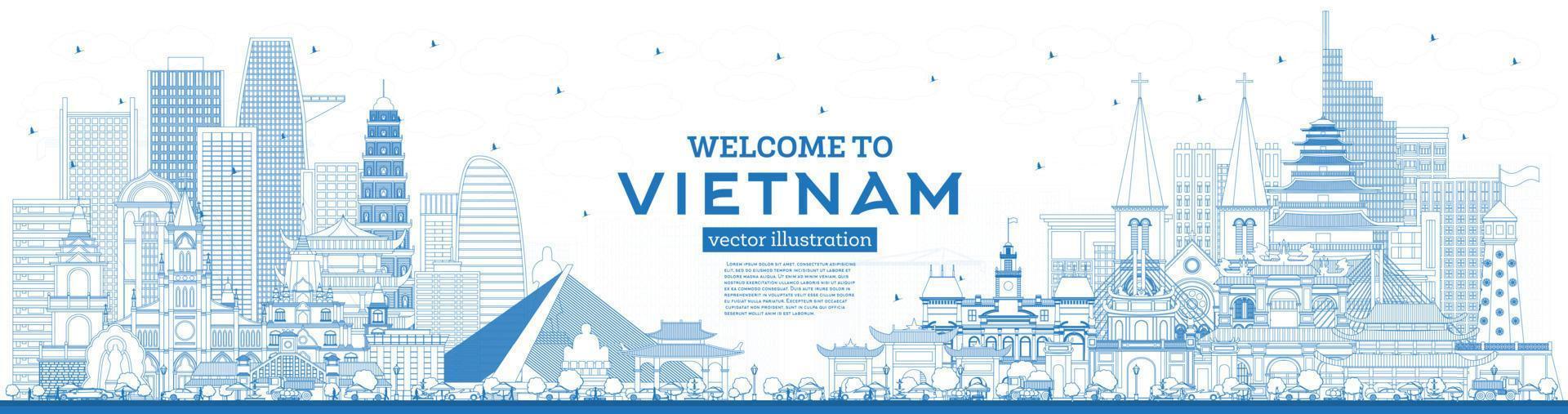 Outline Welcome to Vietnam Skyline with Blue Buildings. vector