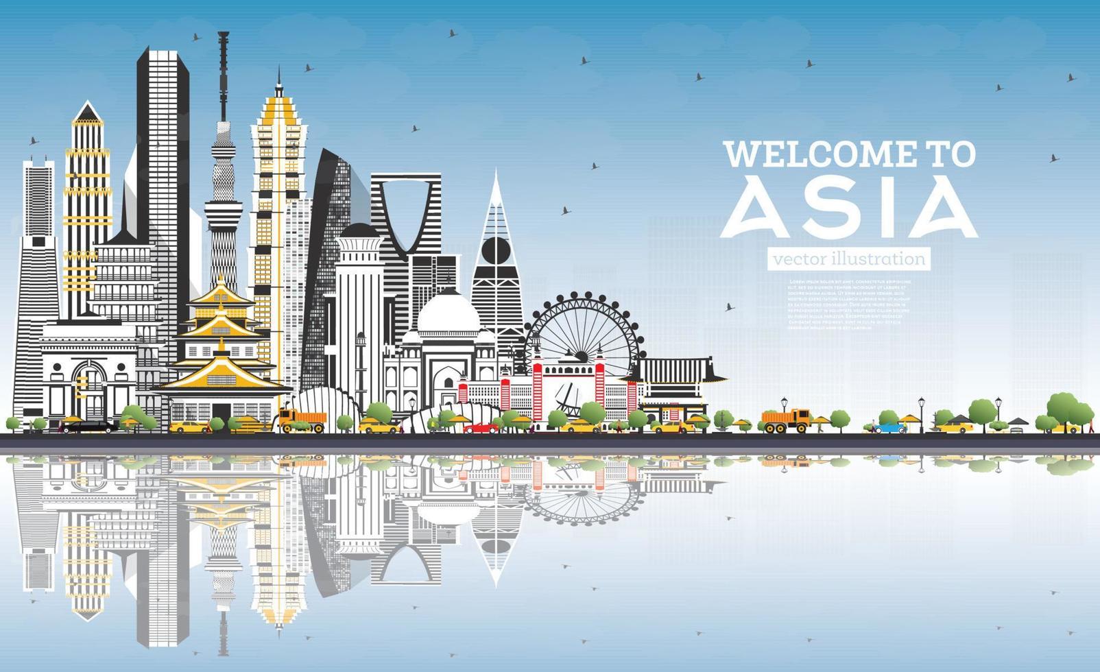 Welcome to Asia Skyline with Gray Buildings and Blue Sky. vector