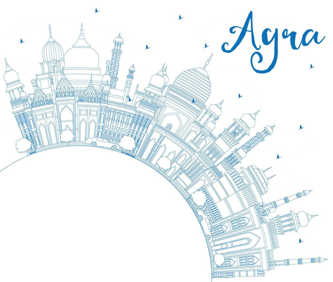 Outline Agra India City Skyline with Blue Buildings and Copy Space. vector