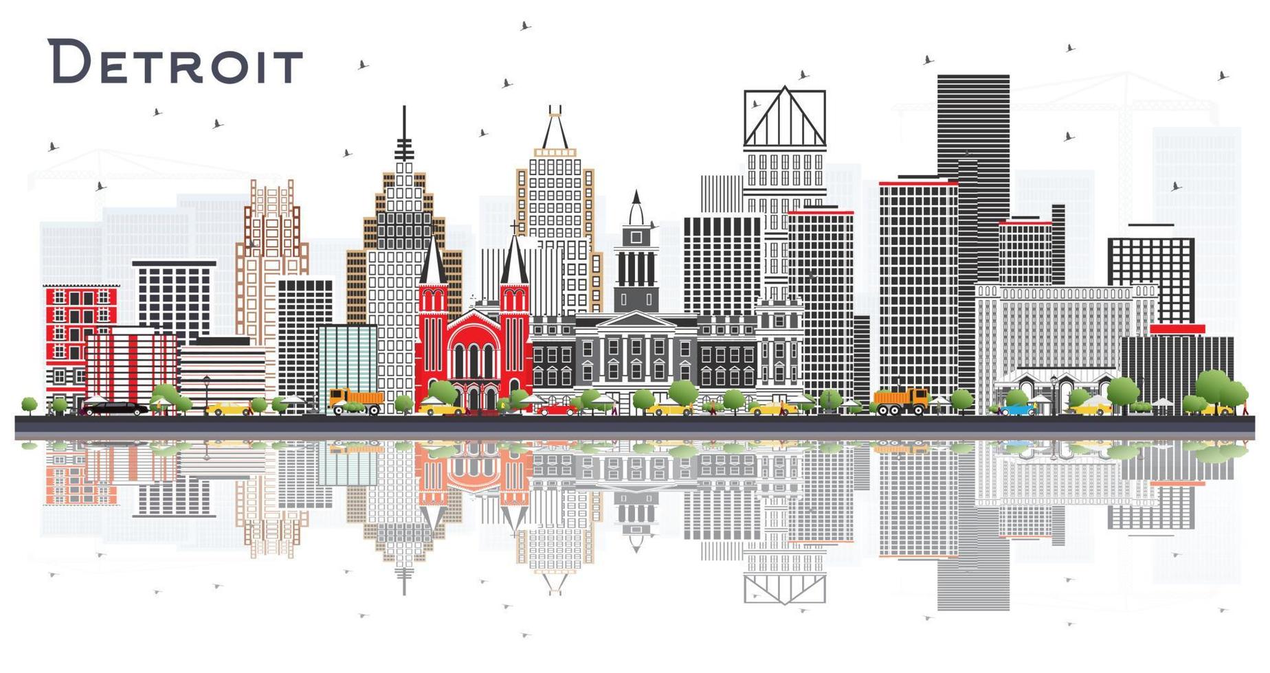 horizonte de la ciudad de detroit, michigan, con edificios grises y reflejos aislados en blanco. vector